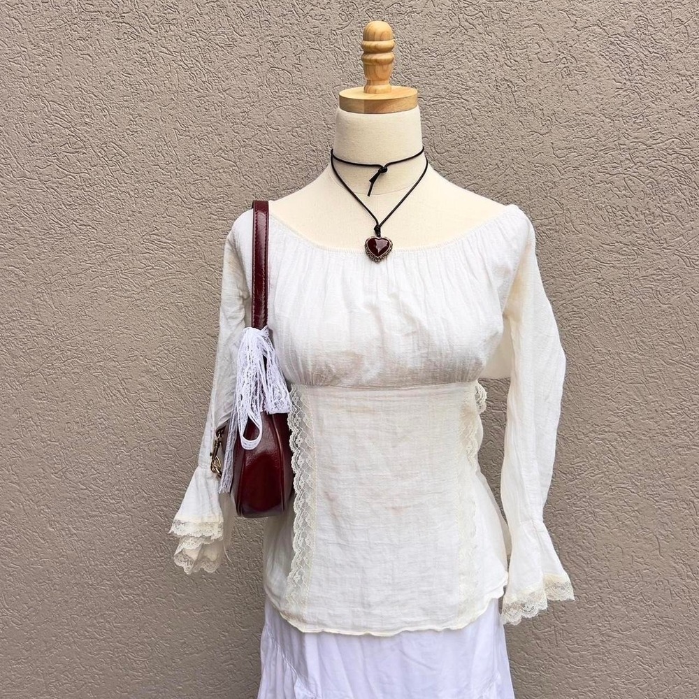 Vintage Y2K Fang Cream Babydoll Cottage Fairy Top Size Medium Lace Boho